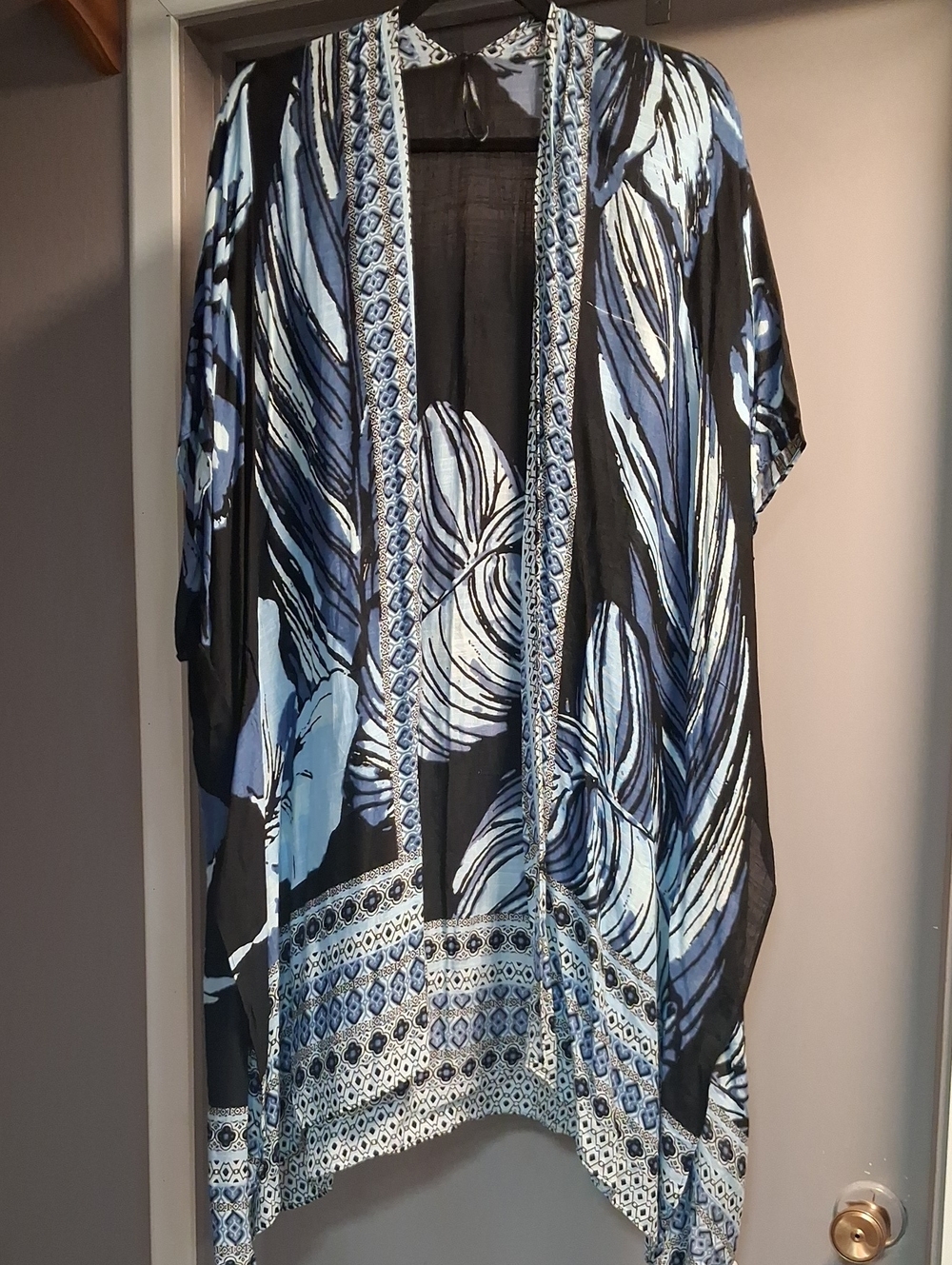 Open-Front Black Kimono Cape with Blue Floral Print